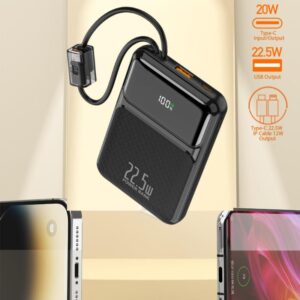 🔋 Power Bank 10000mAh – Mini + 22.5W Met Ingebouwde Kabels